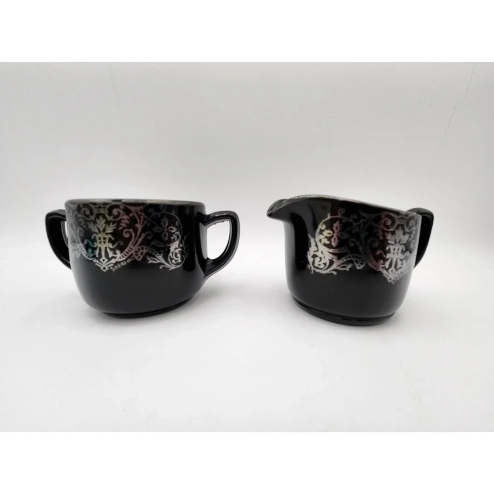 Vtg Black Amethyst Glass Creamer & Sugar W/‎ Silver Design Rockwell Silver Co?